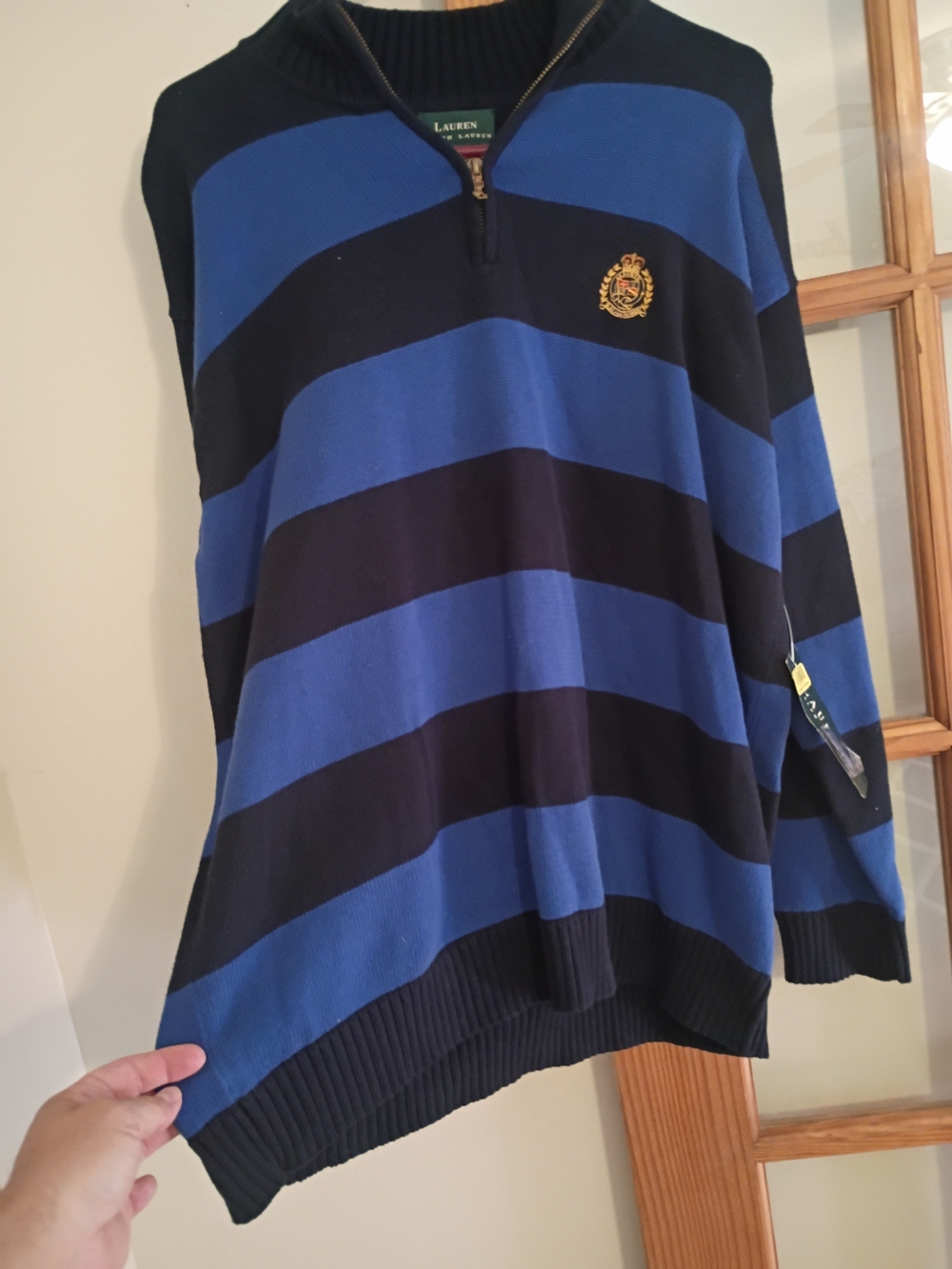 Lauren Ralph Lauren Royal Blue and Navy Striped Half-Zip Sweater